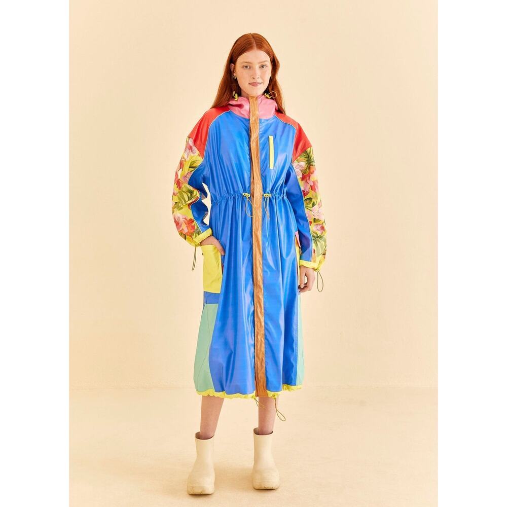 Farm Rio Women's Color Blocking Long Raincoat Multicolor Size Medium NWT